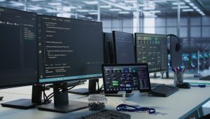 Data center facility employing deep learning technology to maintain company network infrastructure. Neural networks tech used in server room to ensure optimal system performance, handheld camera shot